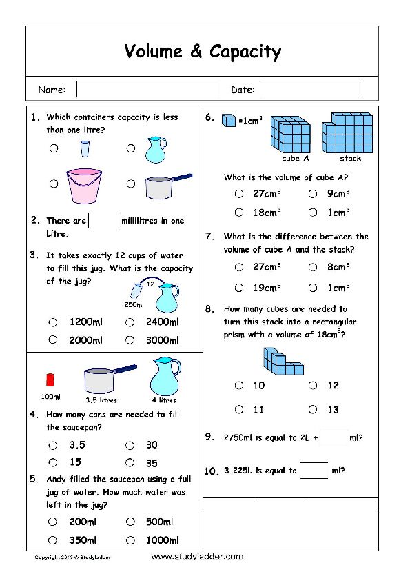 Volume And Capacity Worksheets Grade 5