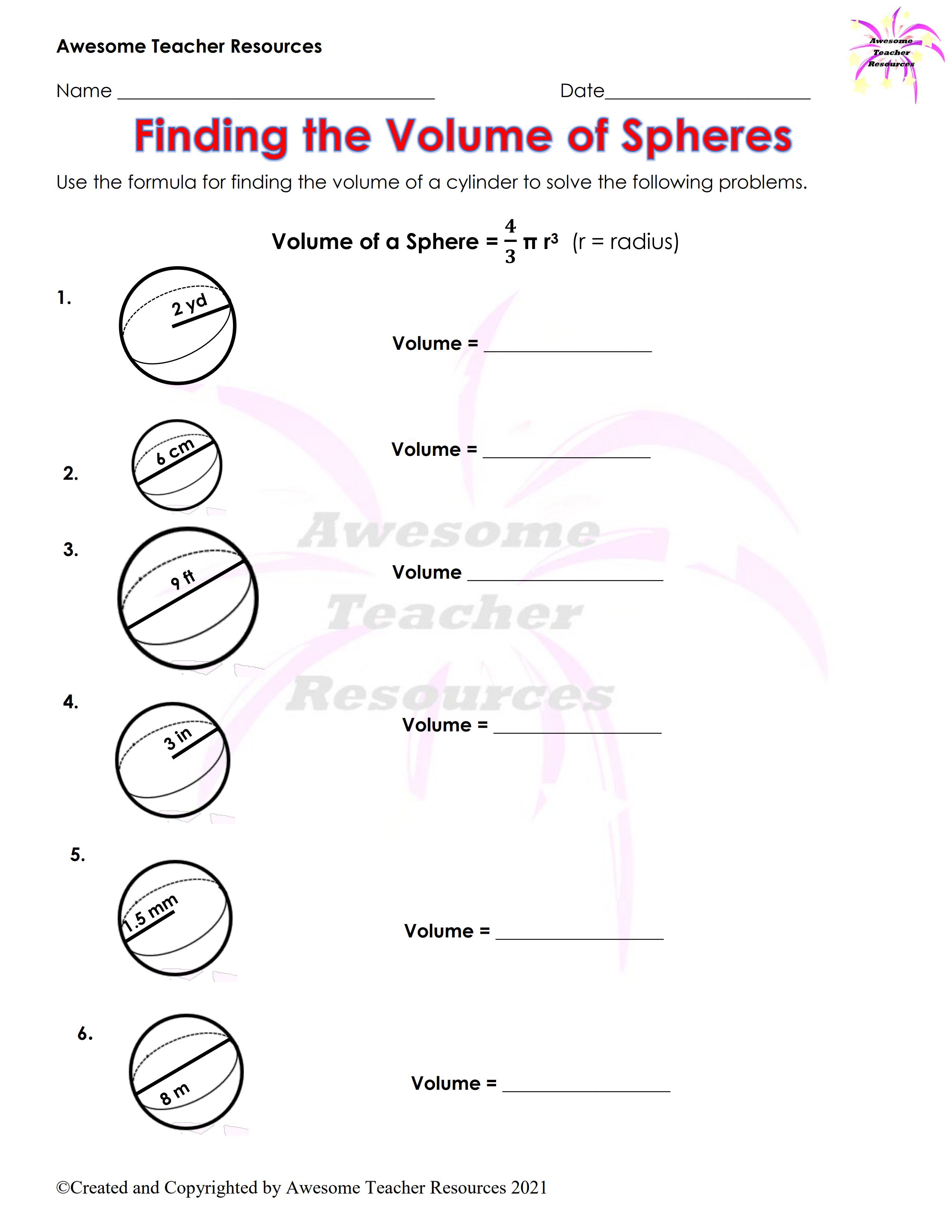 Volume Of A Sphere Worksheets Worksheets Library