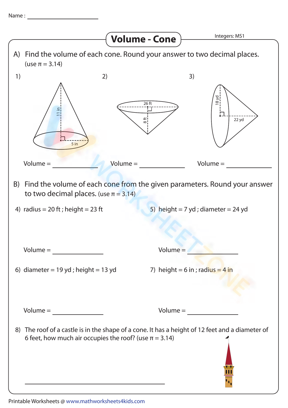 Volume Of Cones Integers Moderate Volume Worksheets 7Th Grade Math Worksheets Area