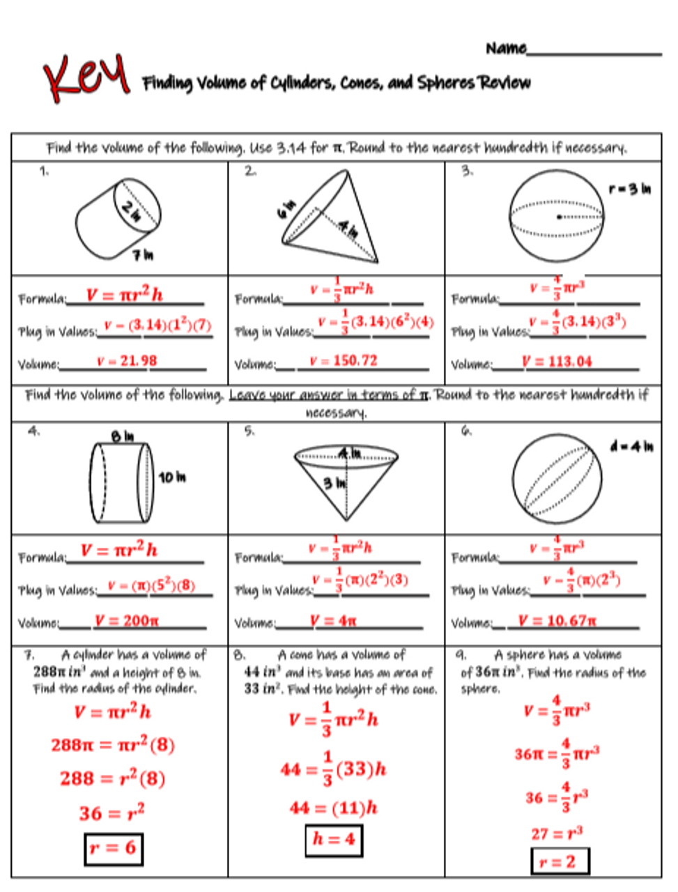 Volume Of Spheres Worksheet E Street Light