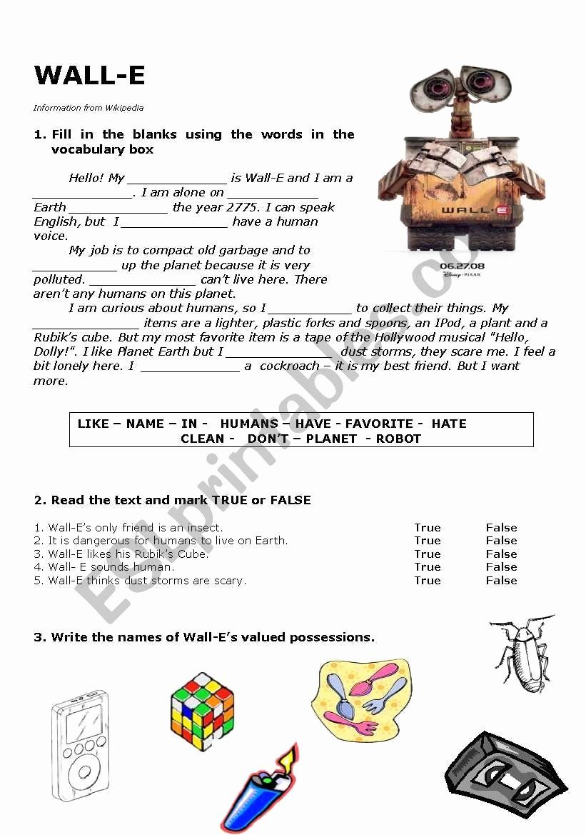 Wall E Esl Worksheet By Jeanet Barriga