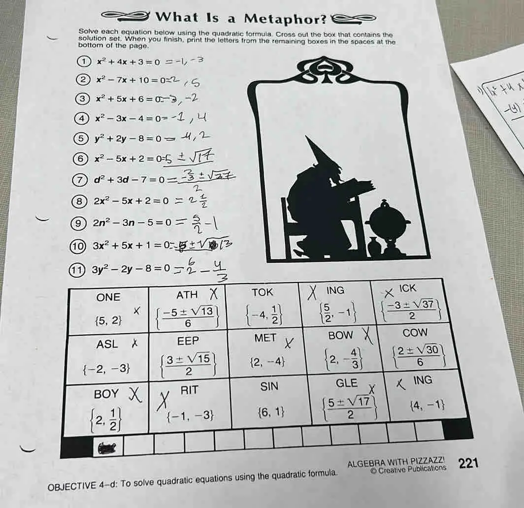 What Is A Metaphor Math Worksheet Quadratic Formula Answers Worksheet Resume Examples