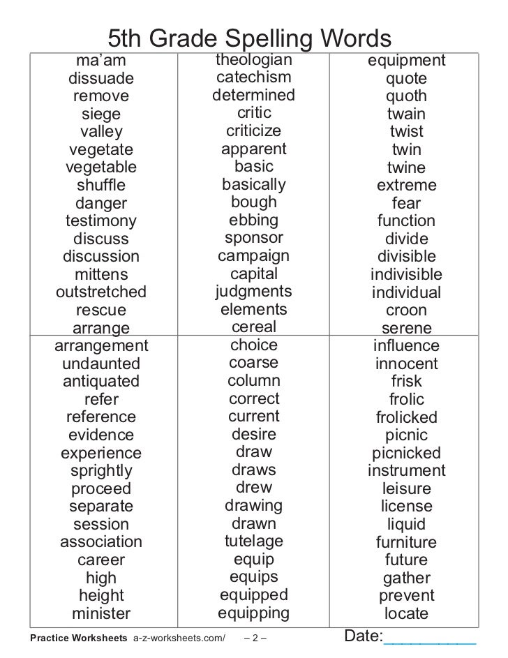 Word Lists For 5Th Grade