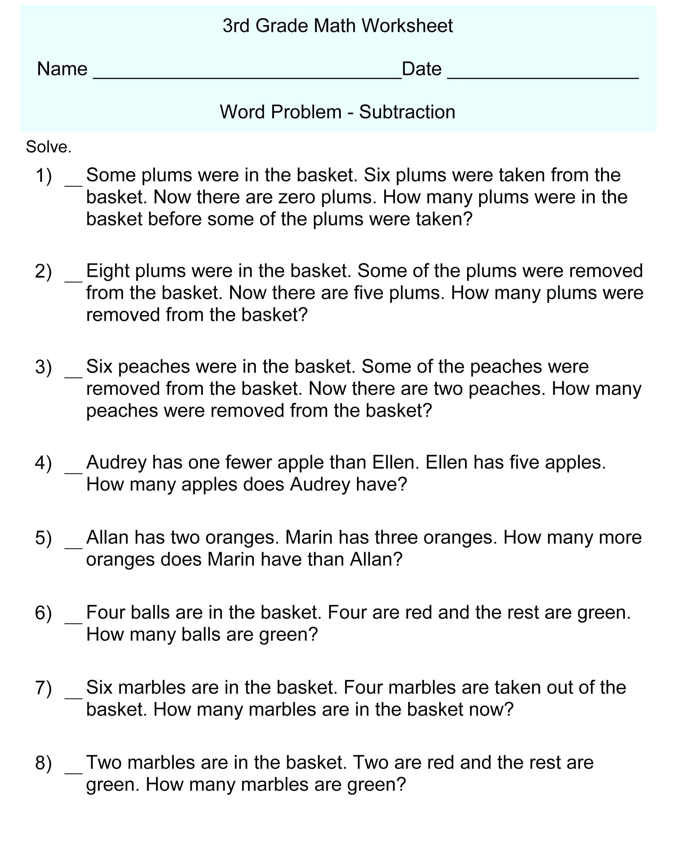 Word Problems For Third Graders