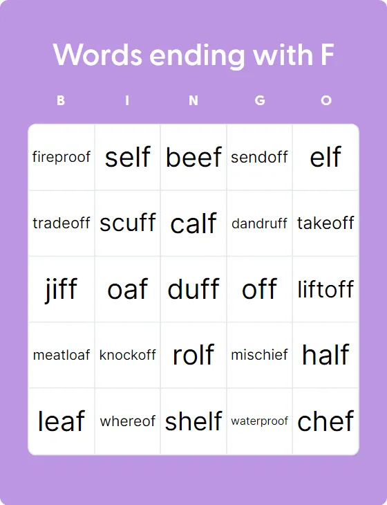 Words Ending With F Bingo Card Creator