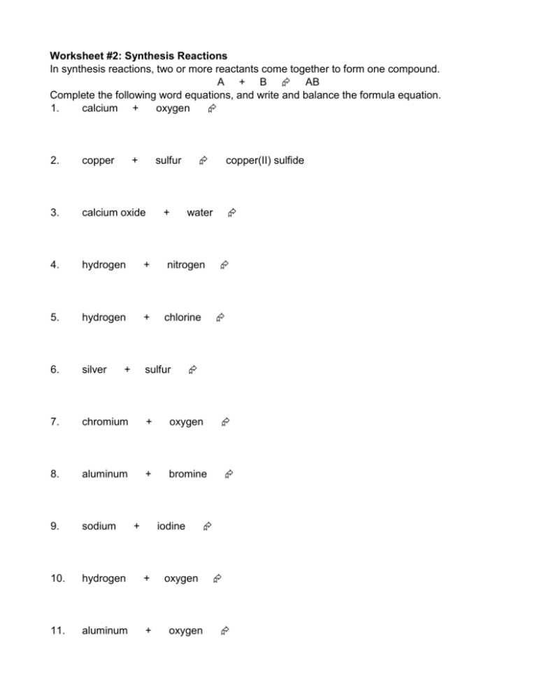 Worksheet 2 Synthesis Reactions In Synthesis Reactions