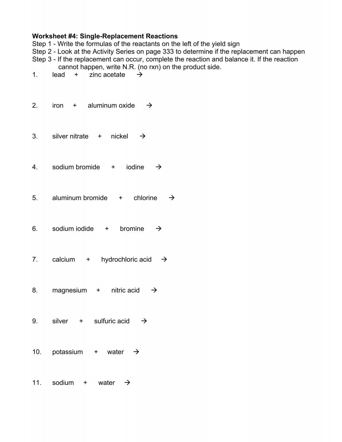 Worksheet 4 Single Replacement Reactions Sciencegeek Net