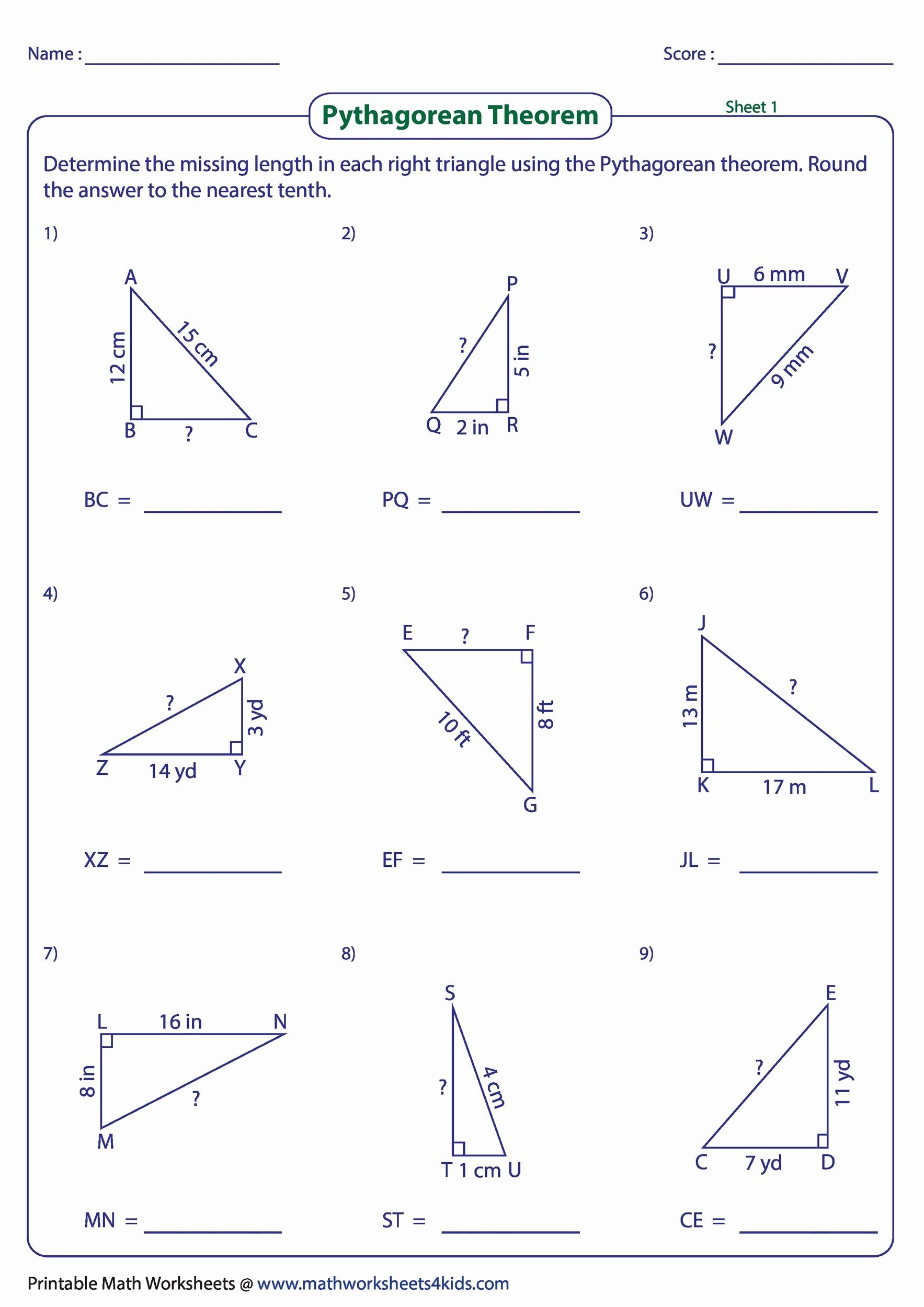 Worksheet Pythagorean Theorem And Its Converse Geometry Printable