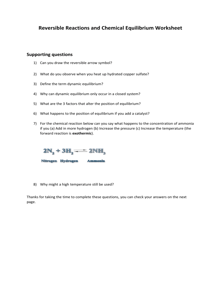 Worksheet Reversible Reactions Chemical Equilibrium Ks4