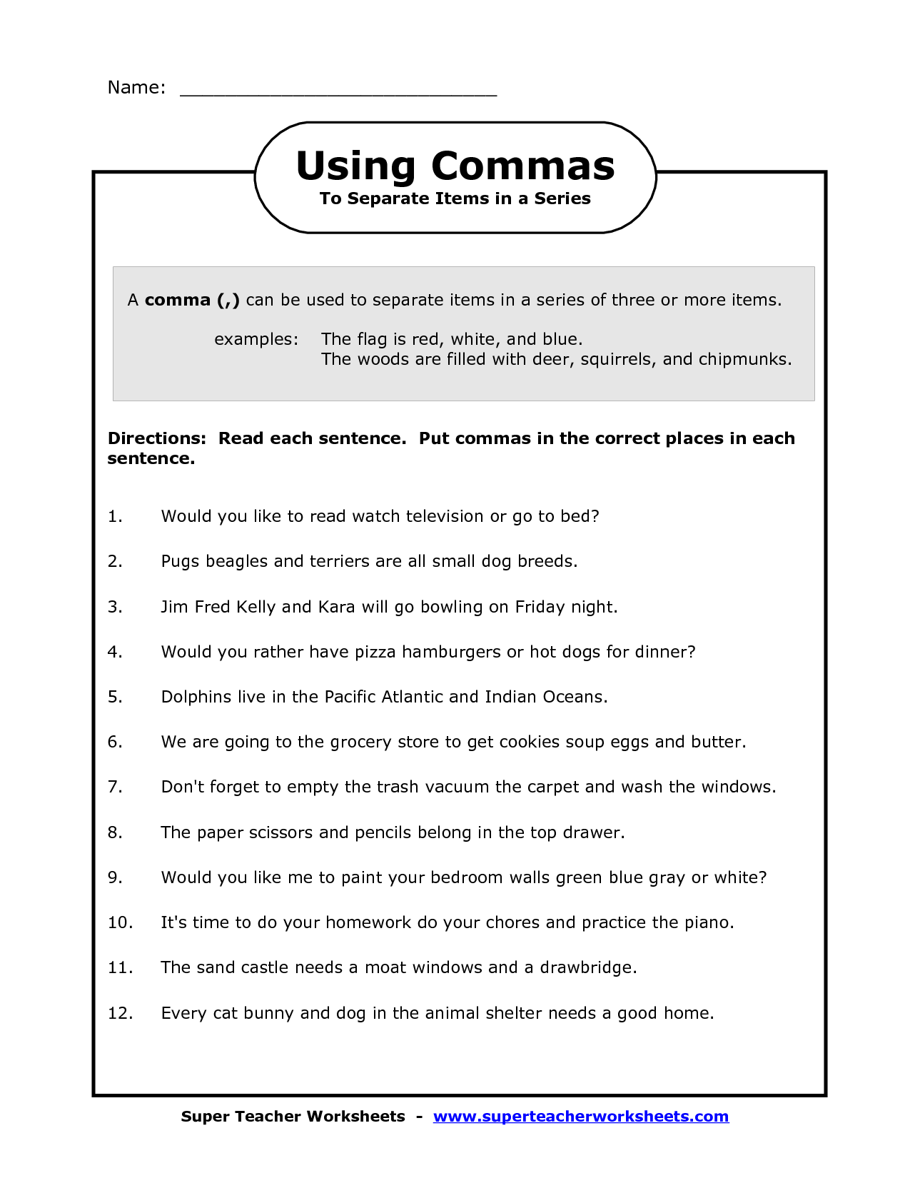 Worksheets Commas In A Series