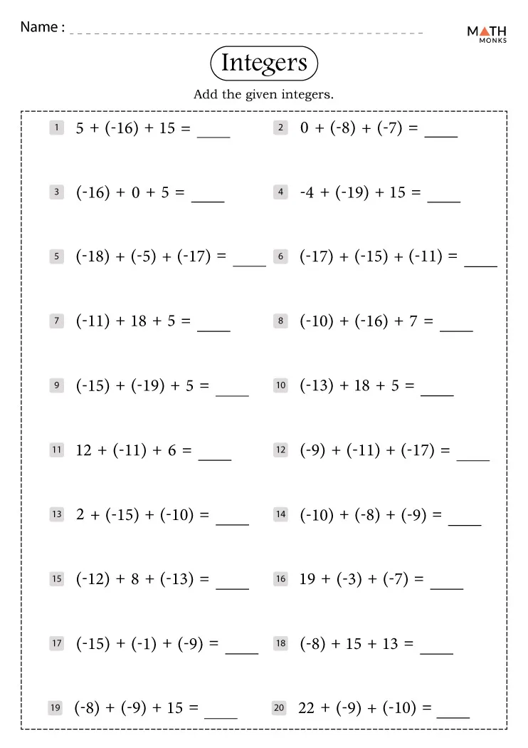 Mastering Integers: Free Printable Worksheets for Practice