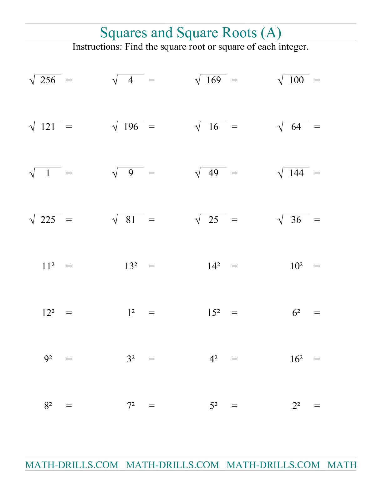 Worksheets On Squares And Square Roots Worksheets For Kindergarten