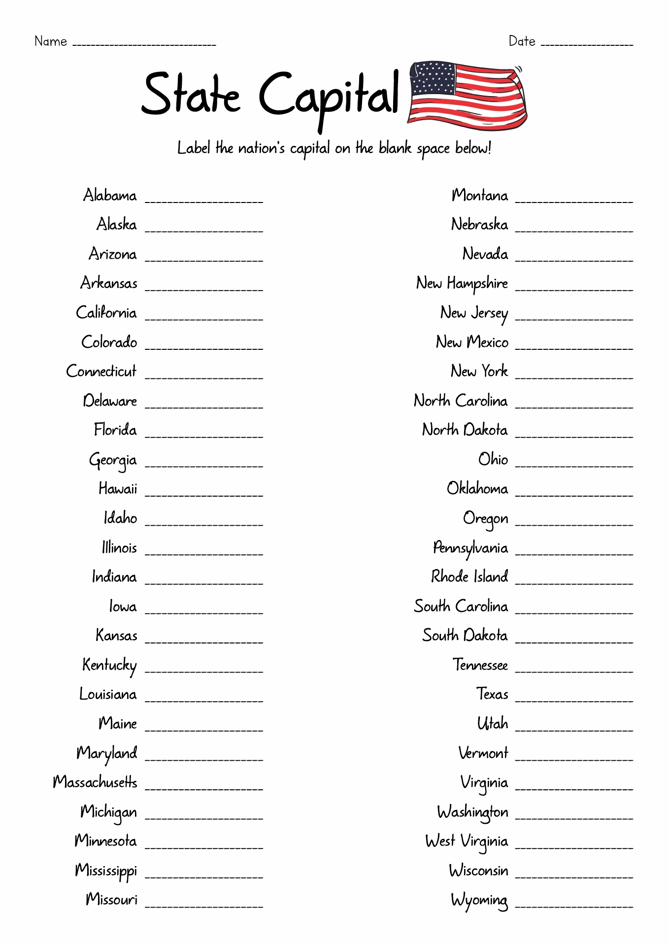 Worksheets On States And Capitals