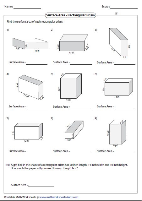 Worksheets Surface Area