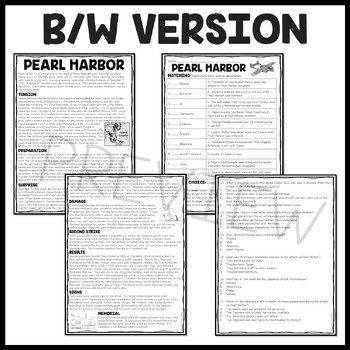 World War Ii 2 Attack On Pearl Harbor Reading Comprehension Worksheet