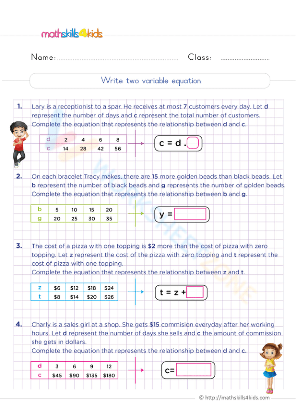 Write Two Variable Equation Worksheet