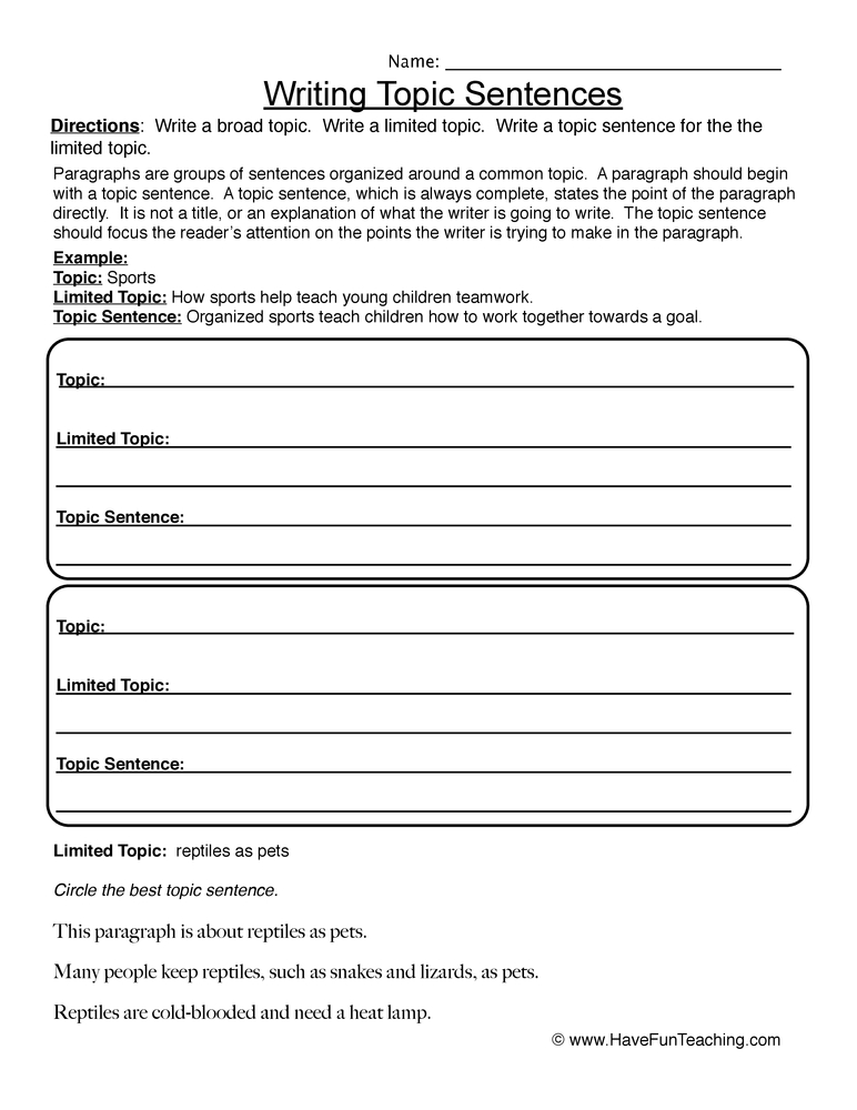 Writing A Topic Sentence Worksheet Printable Worksheets