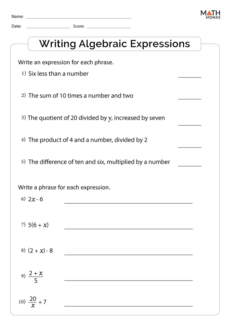 Writing Algebraic Expressions Worksheets Math Monks