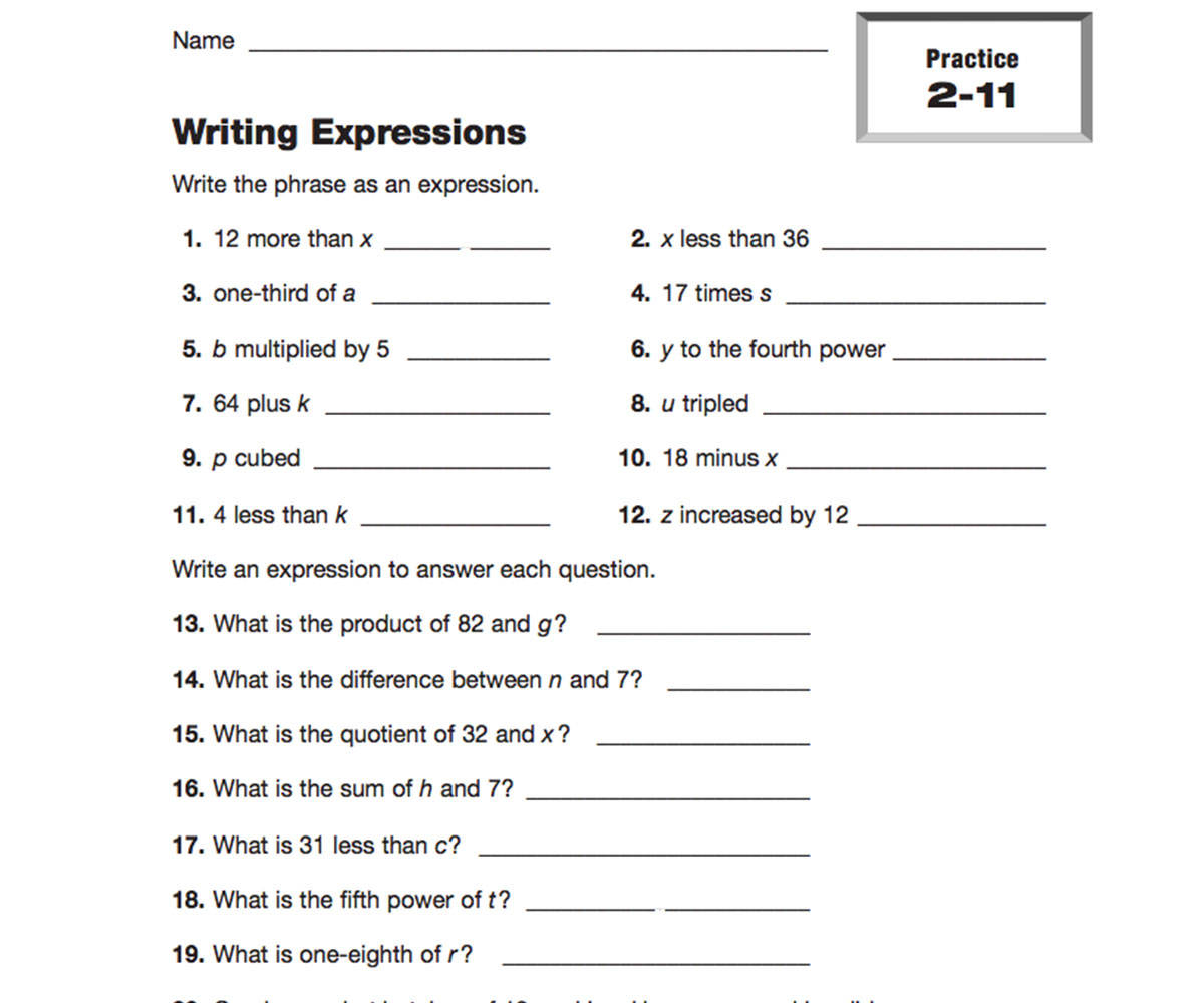 Free Printable Worksheets for Writing Algebraic Expressions