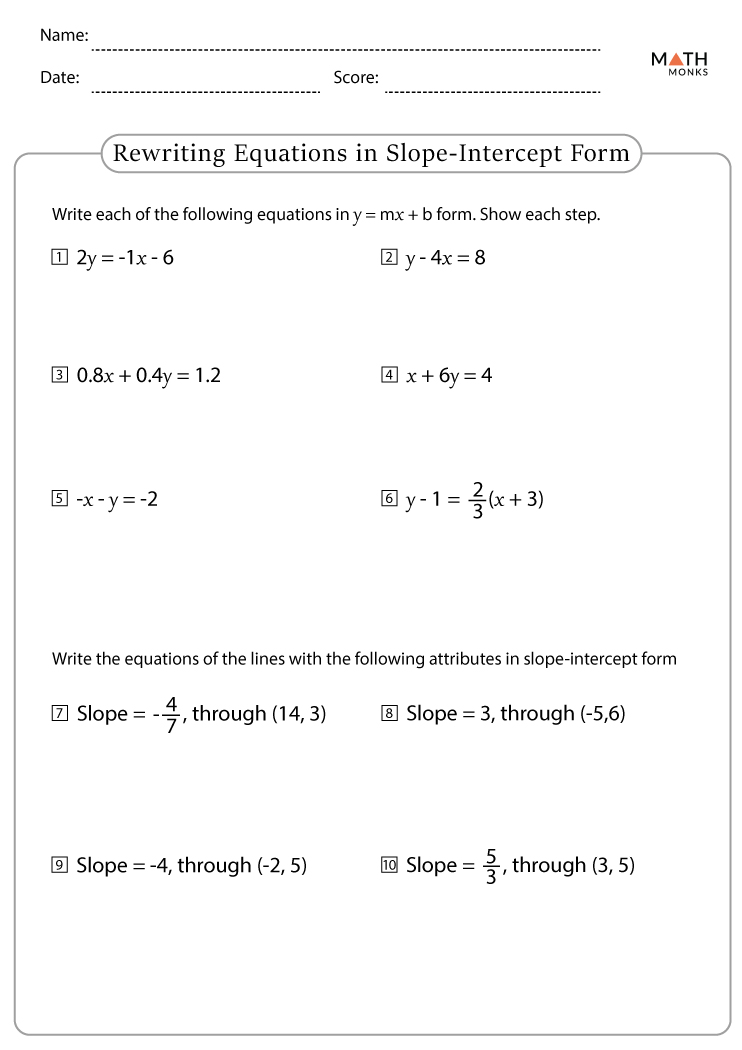 Slope Intercept Form Equations: Interactive Worksheet Guide