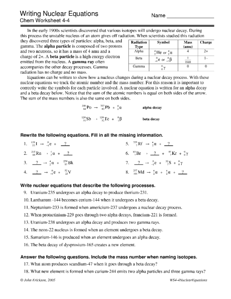 Master Nuclear Equations Easily: Chem Worksheet 4-4 Guide