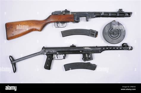 Ww11 Russian Machine Guns Ppsh 1941 With Drum And Box Magazines And Pps43 Machine Gun With Box