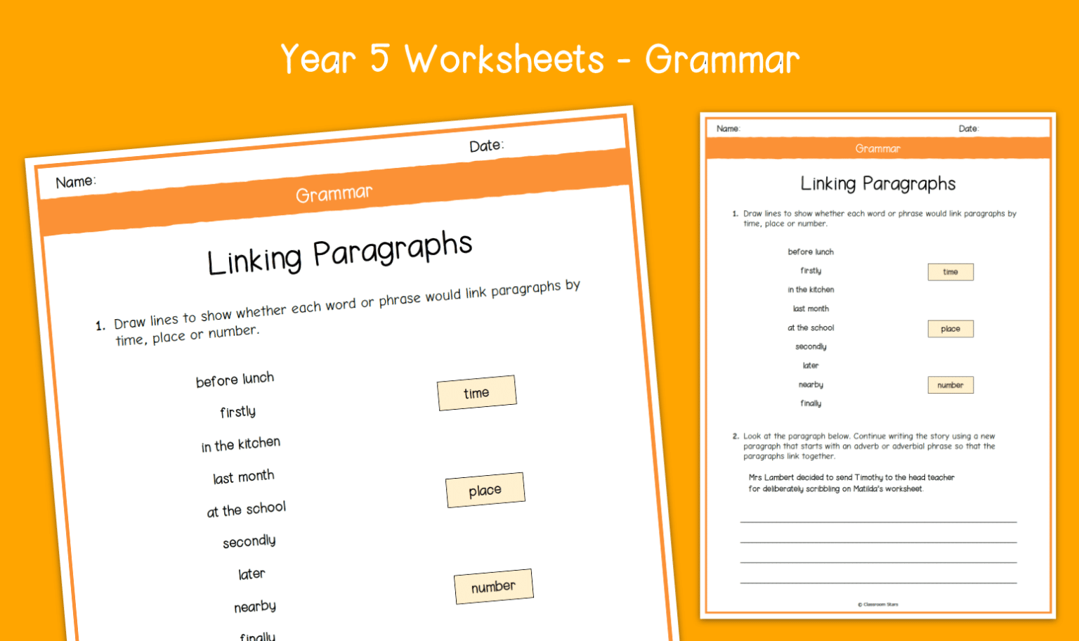 Year 5 Linking Paragraphs Using Time Place And Number Worksheets