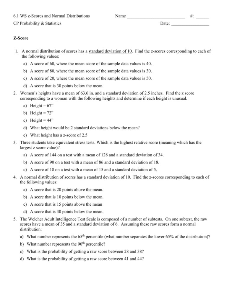 Z Score Worksheet Pdf Z Score Practice 1 The Scores On The Sat Test