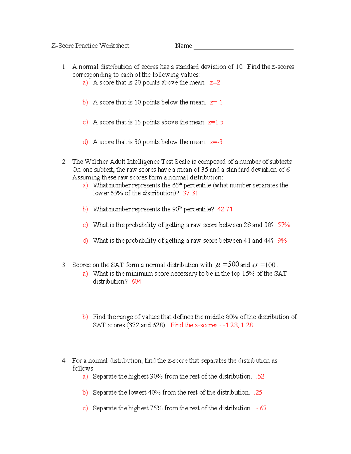 Z Score Worksheet Solutions Z Score Practice Worksheet Name 1 A